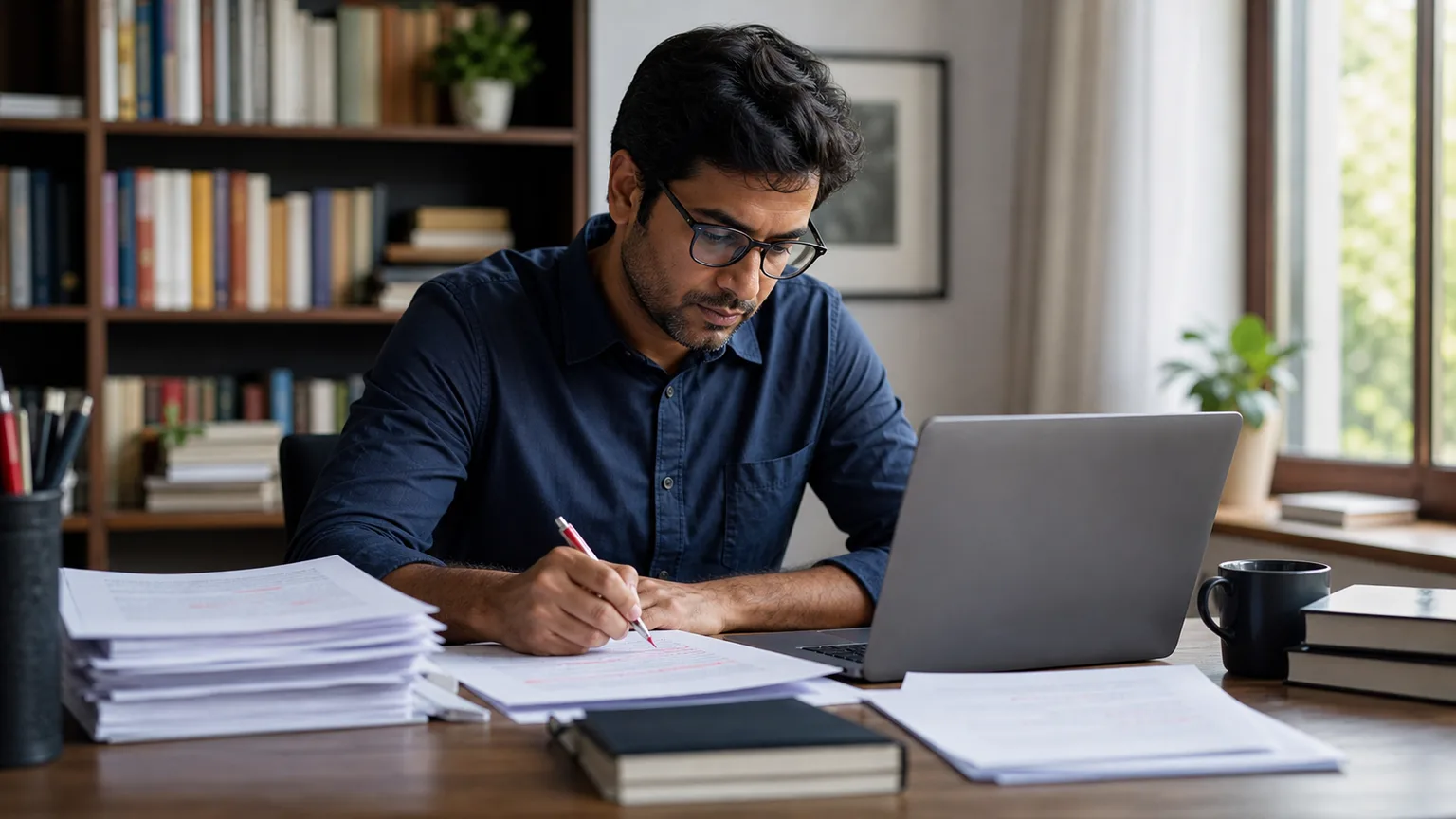 Academic author editing and proofreading a manuscript before submission