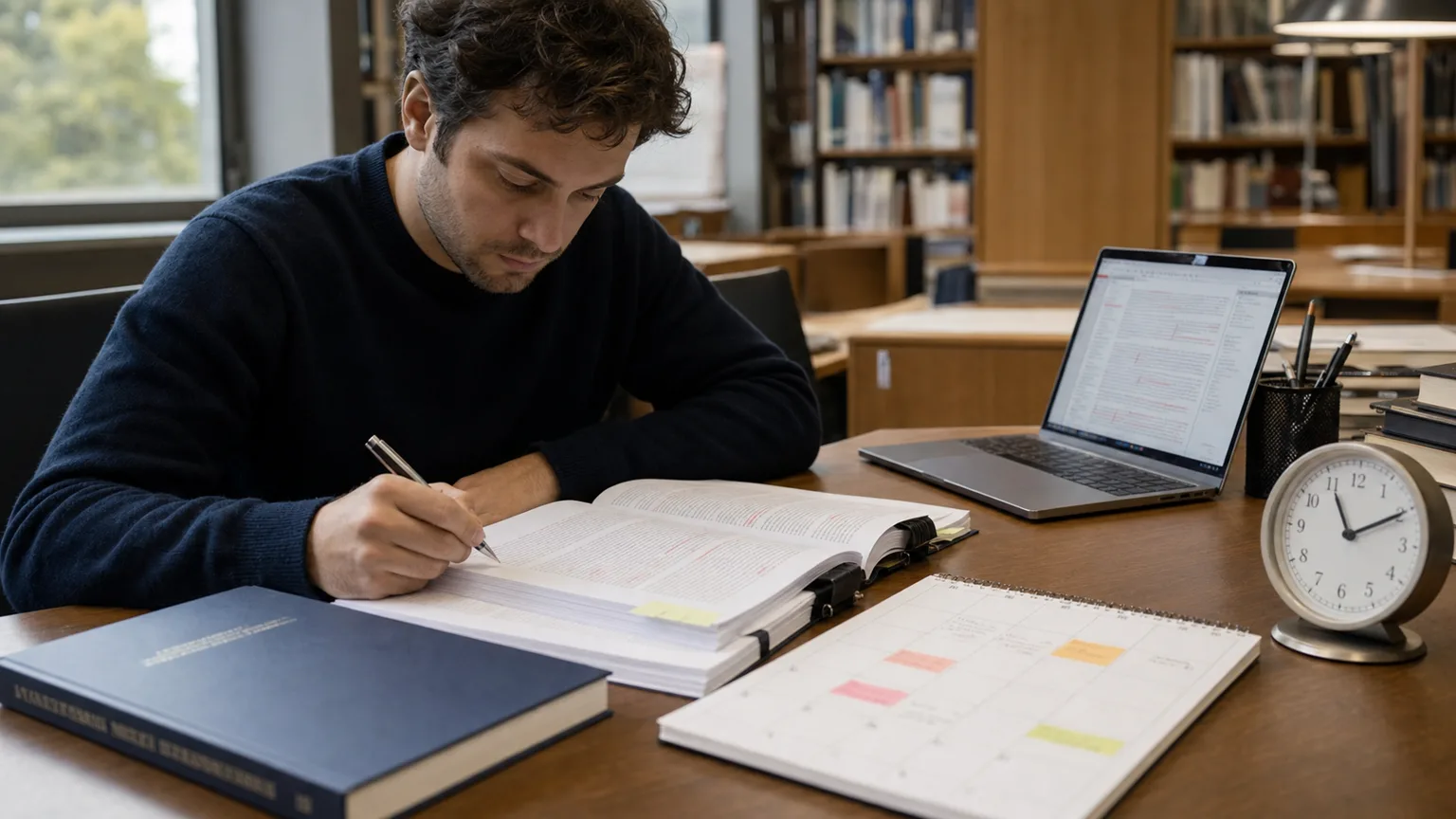 Postgraduate researcher planning a thesis proofreading timeline at a desk